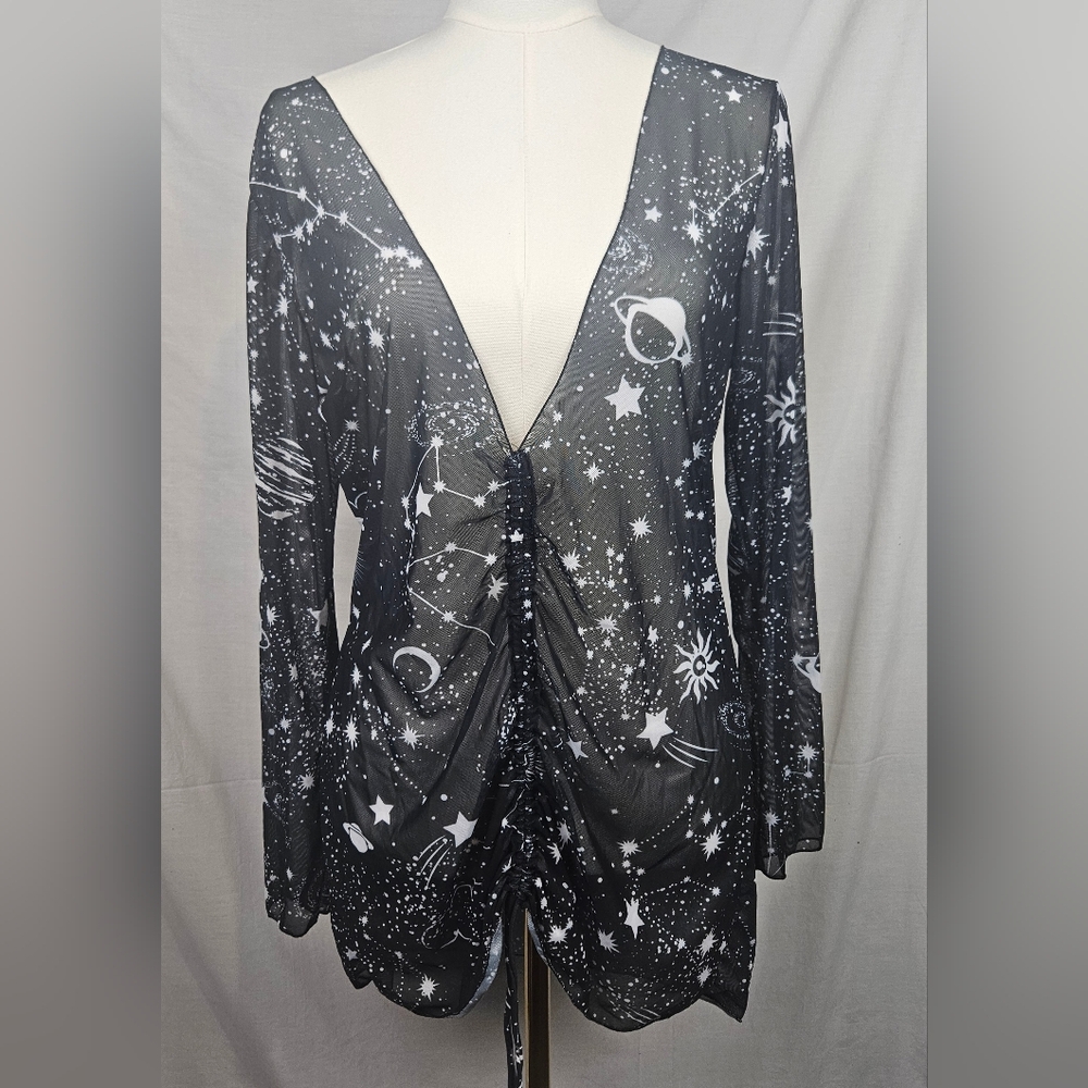 Black Celestial 2Xl Mesh Sheer Layering Long Sleeve Shirt Goth Grunge Whimsigoth
